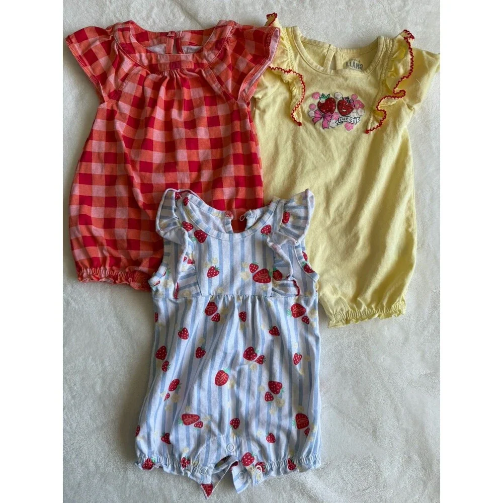 Llama 3-Piece Girls 9M Short Sleeve Romper Set Strawberry Print Cotton